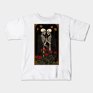 two skeletons in black robe holding each other hands Kids T-Shirt